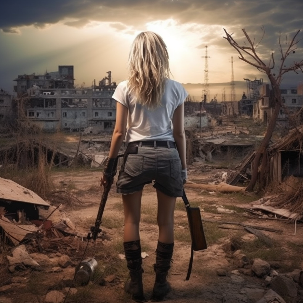 Brave girl holding rifle in post-apocalyptic city