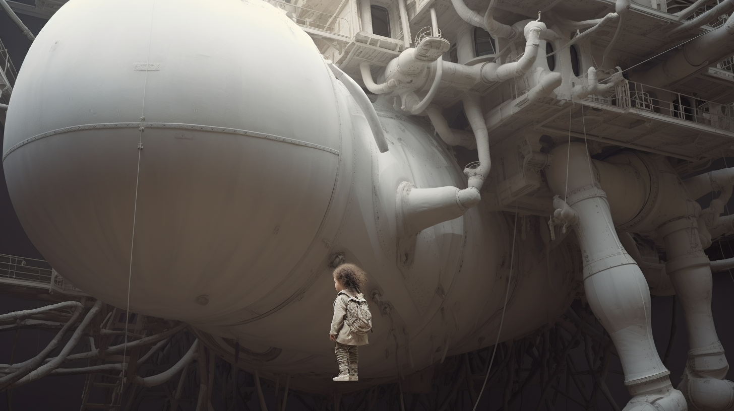 Girl in front of white spacecraft