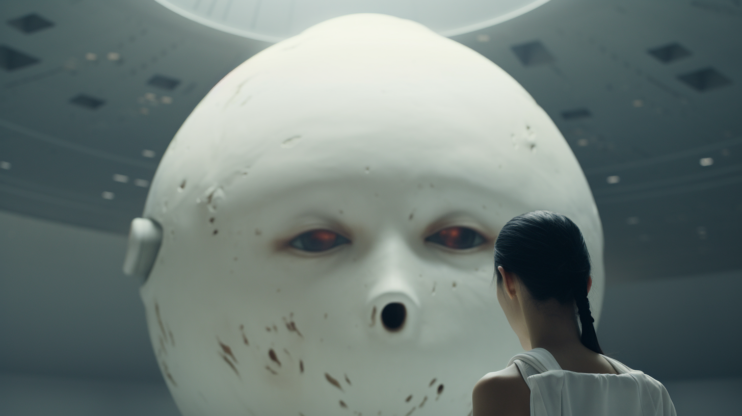 Girl standing in front of white spacecraft