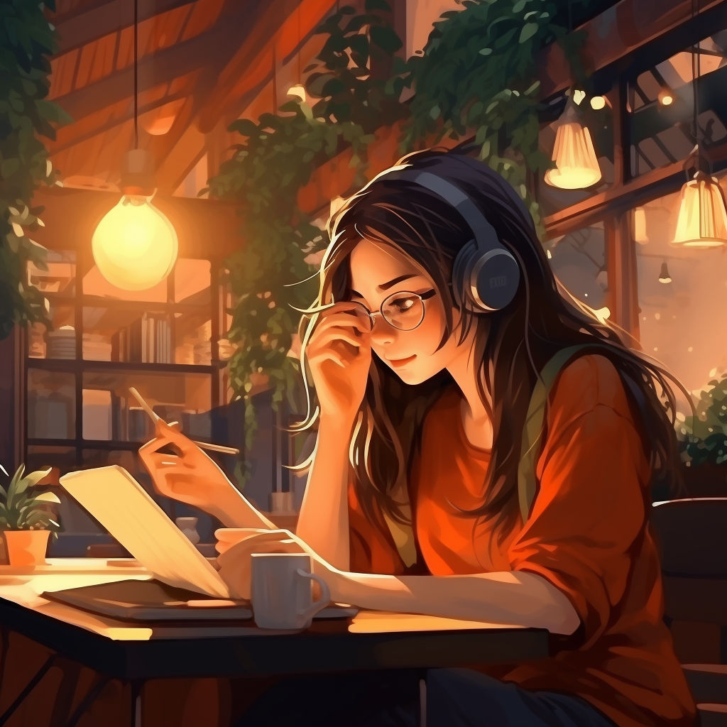 Girl studying in a cozy cafe