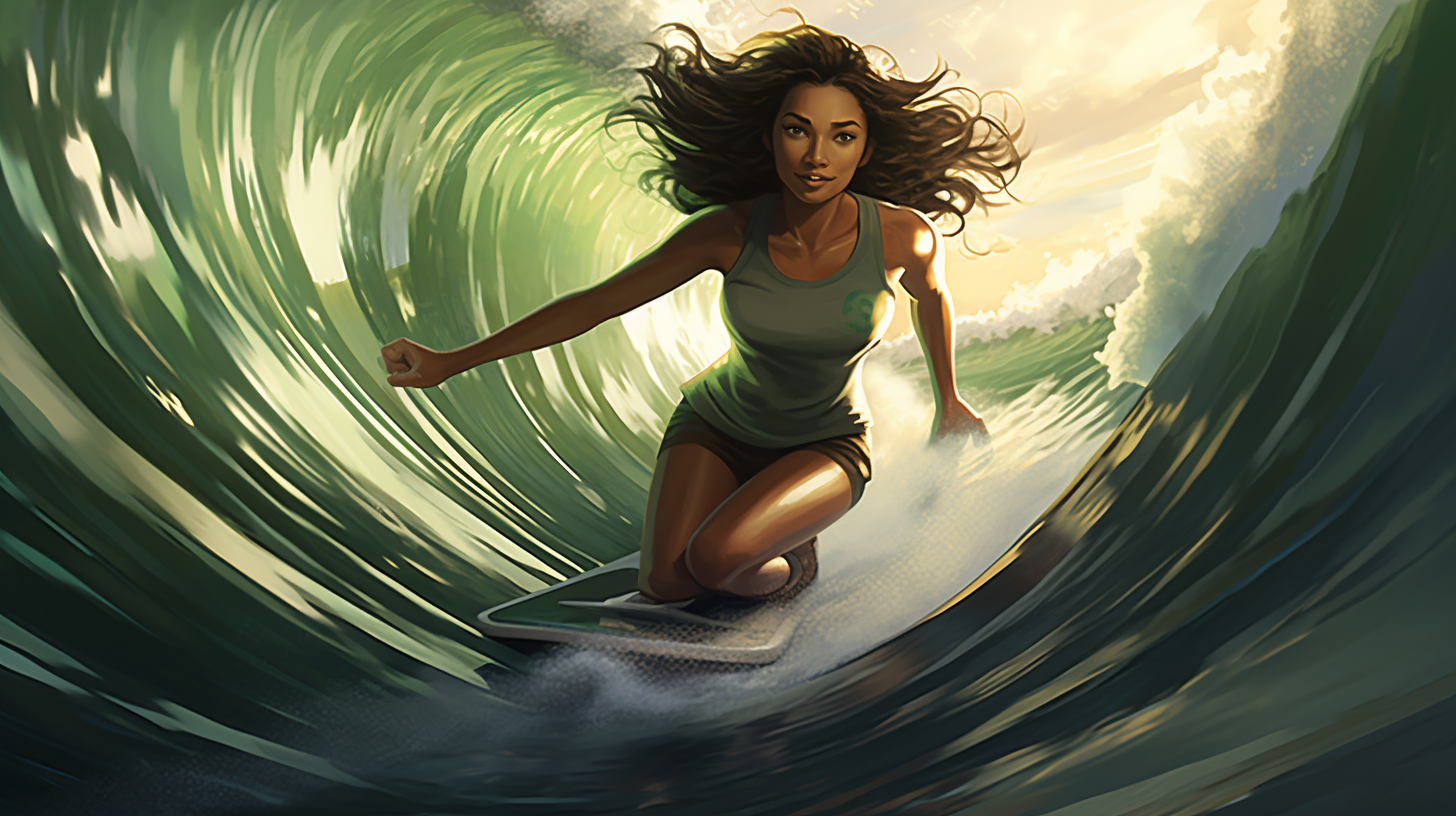 Girl surfing on green train surfboard