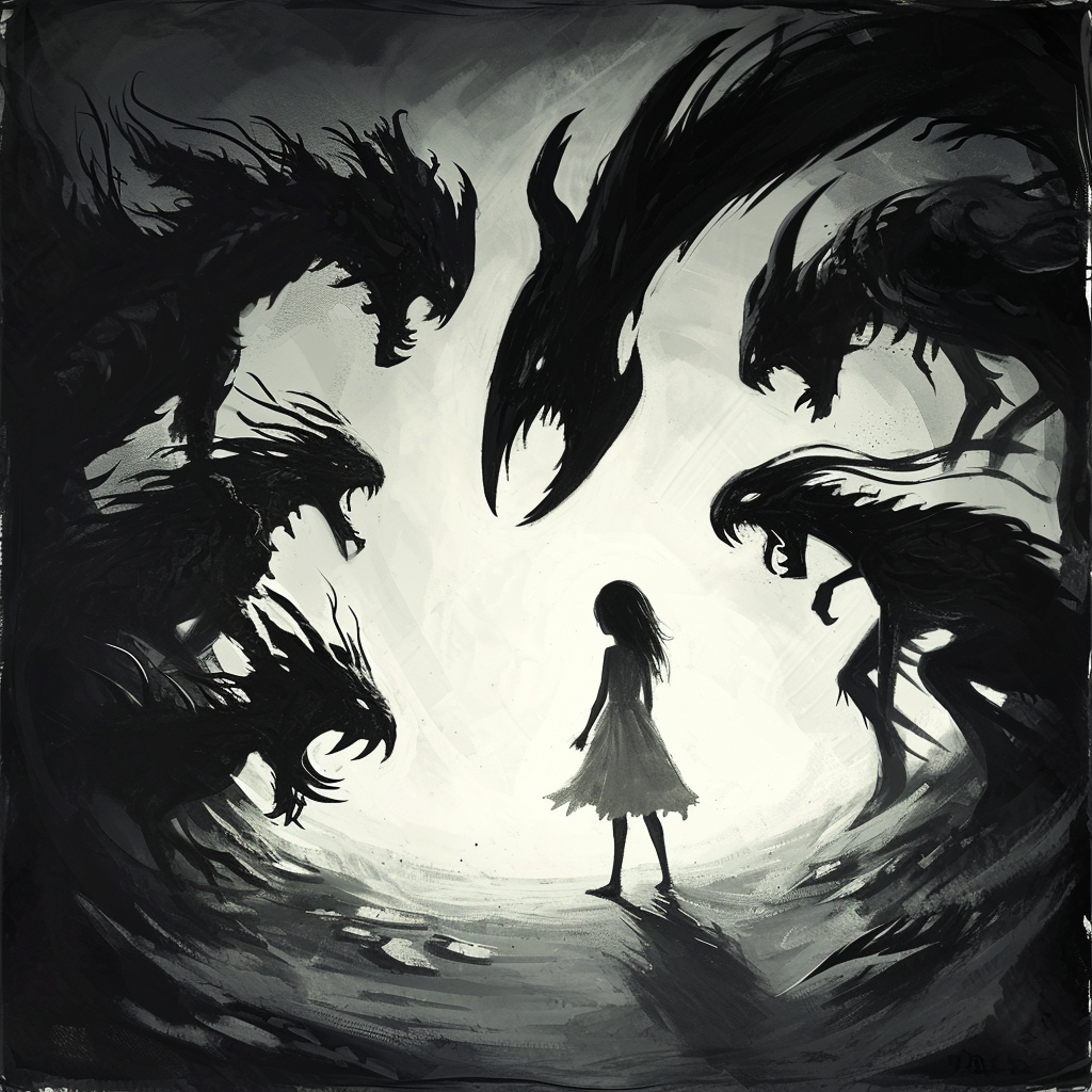 A girl surrounded by shadow monsters