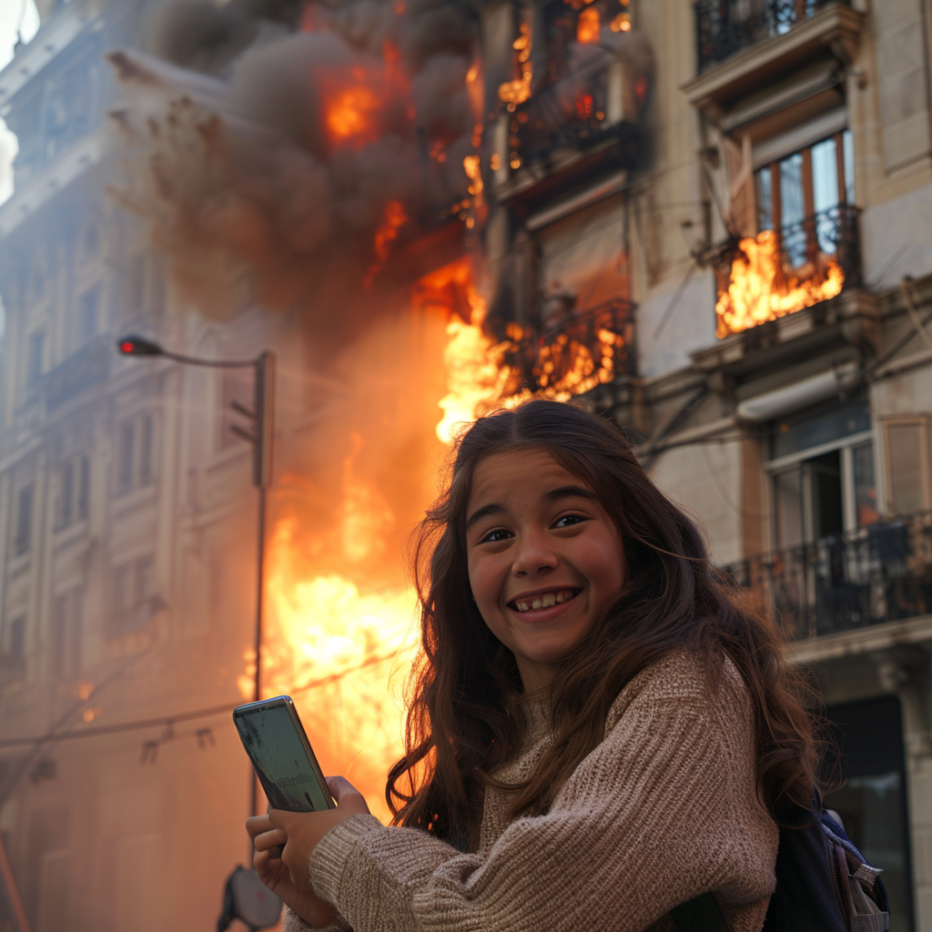 Girl Taking Selfie with Burning Building