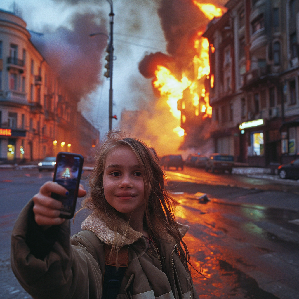 young girl taking selfie fire