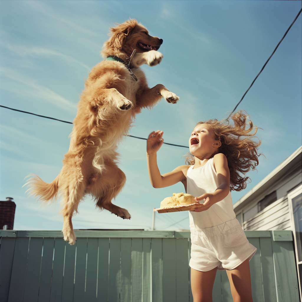 Girl tossing treat, dog mid-leap