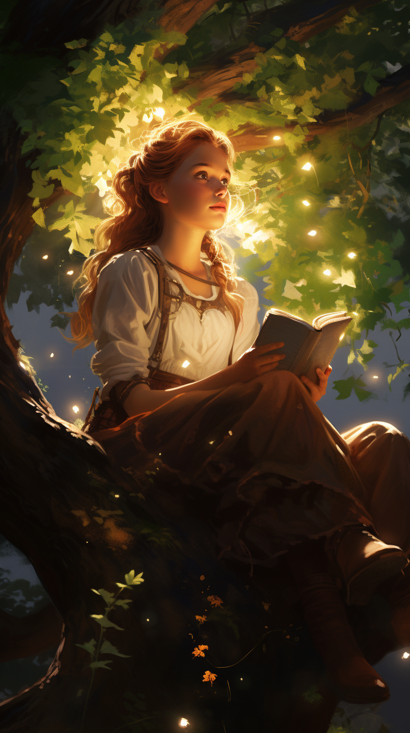 Serene girl under tree with shining light