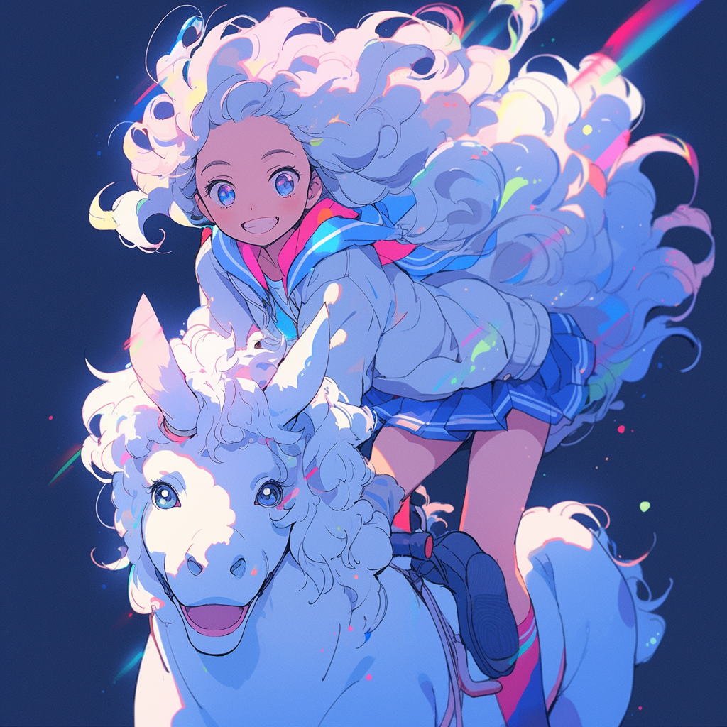 Young girl riding a white unicorn