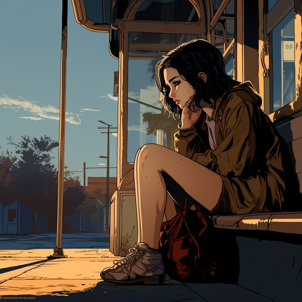 Girl waiting at comic-style bus stop