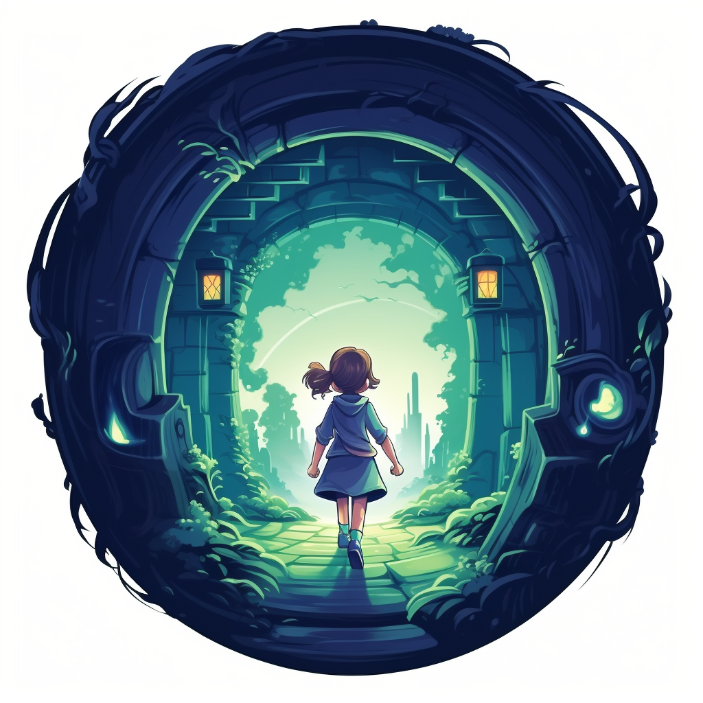 Girl walking through portal, magical adventure awaits!