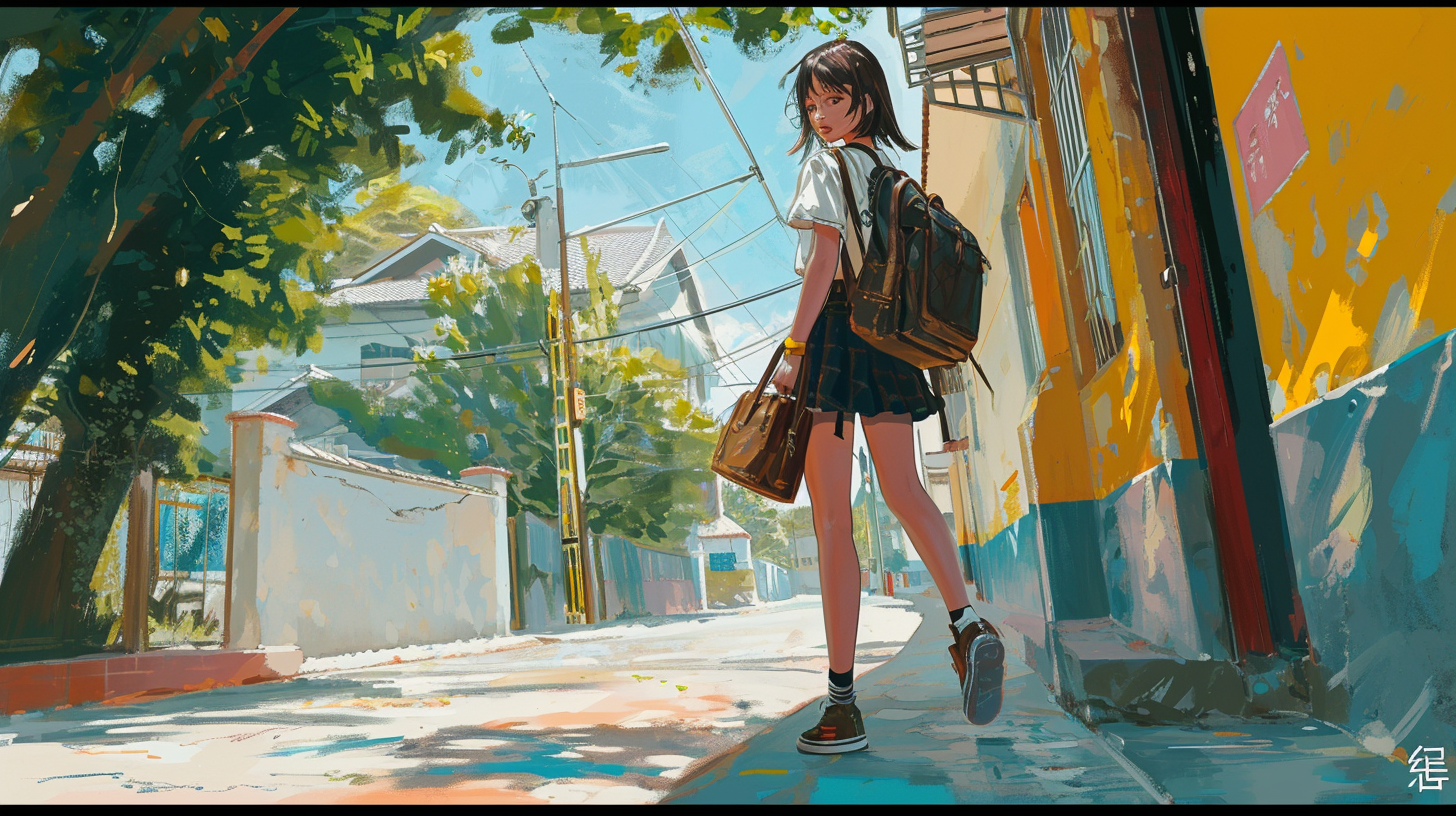 Girl walking through school yard with walkman