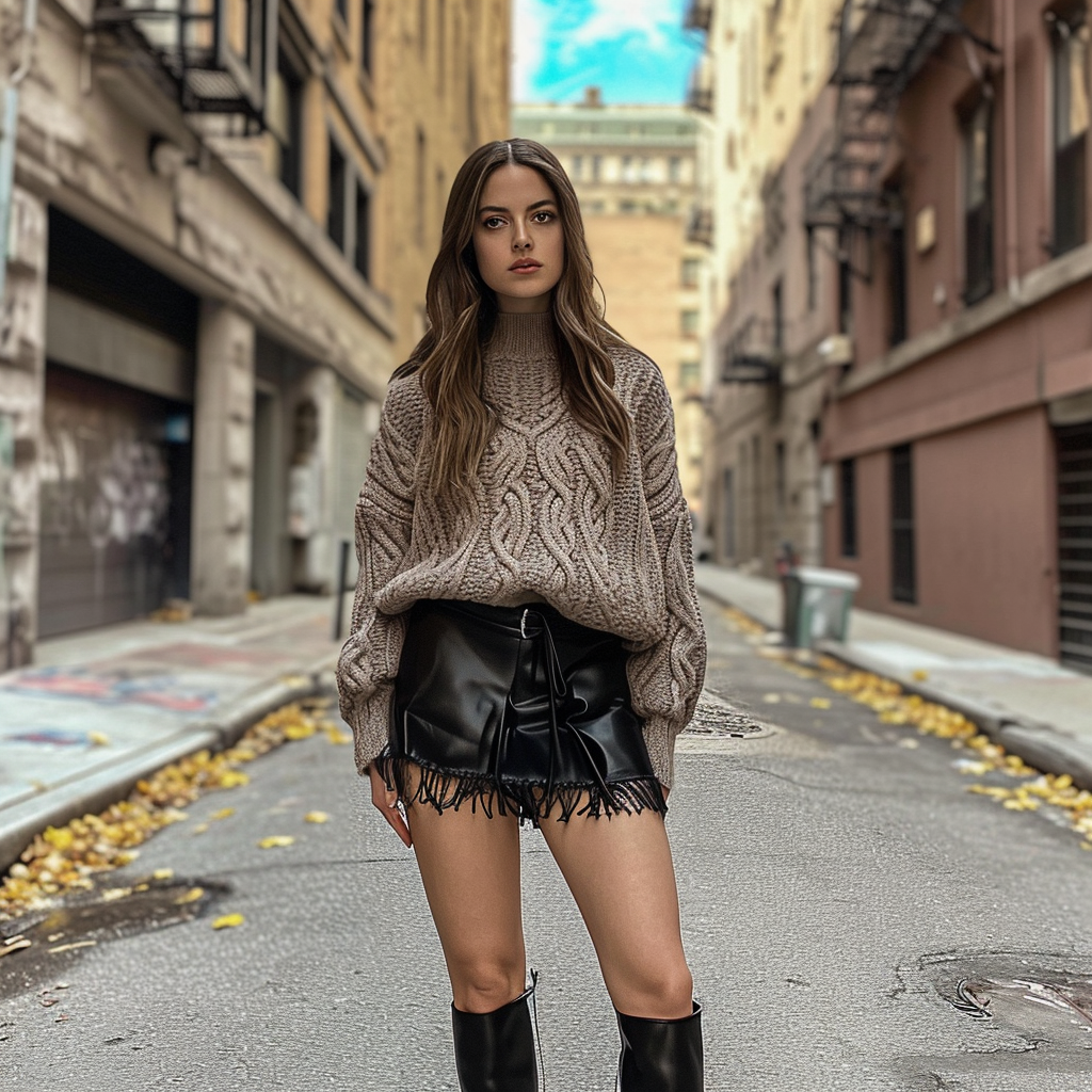 Girl in black skirt and brown sweater