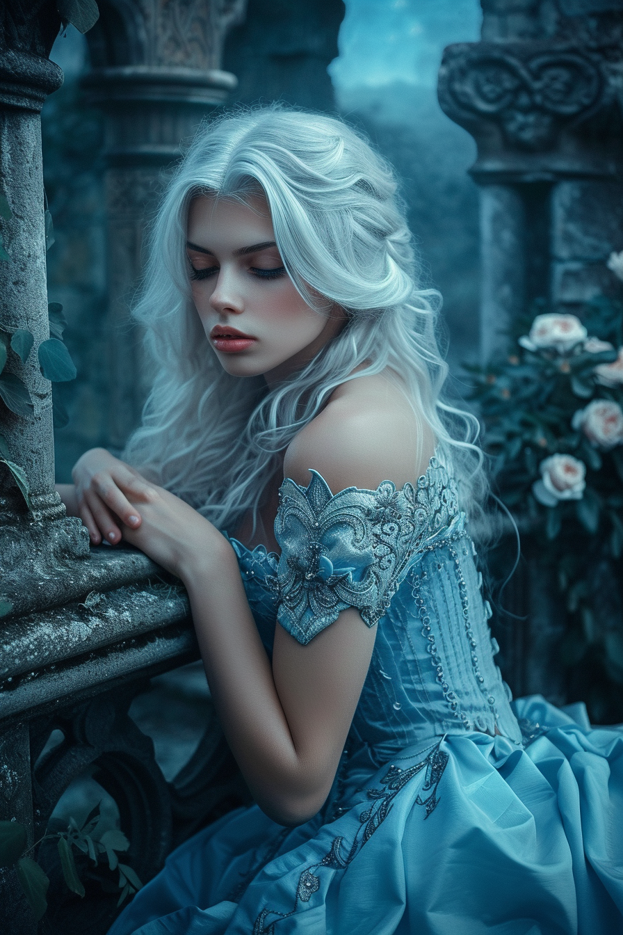 Young girl with white hair in blue dress in castle