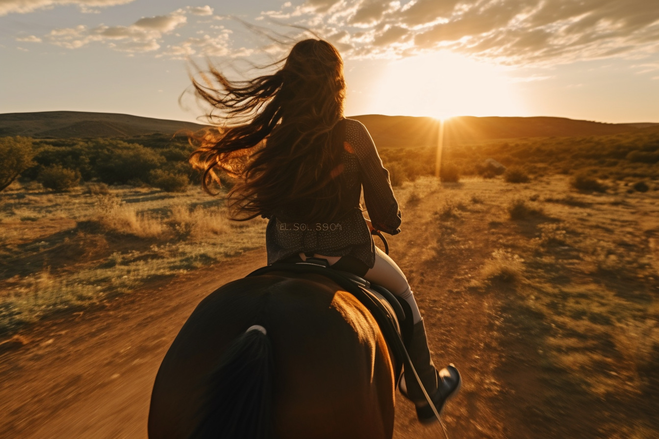 Girl riding black horse with Ballayage hairstyle