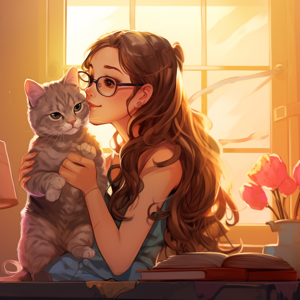 Girl with Bow Glasses Kisses Cat