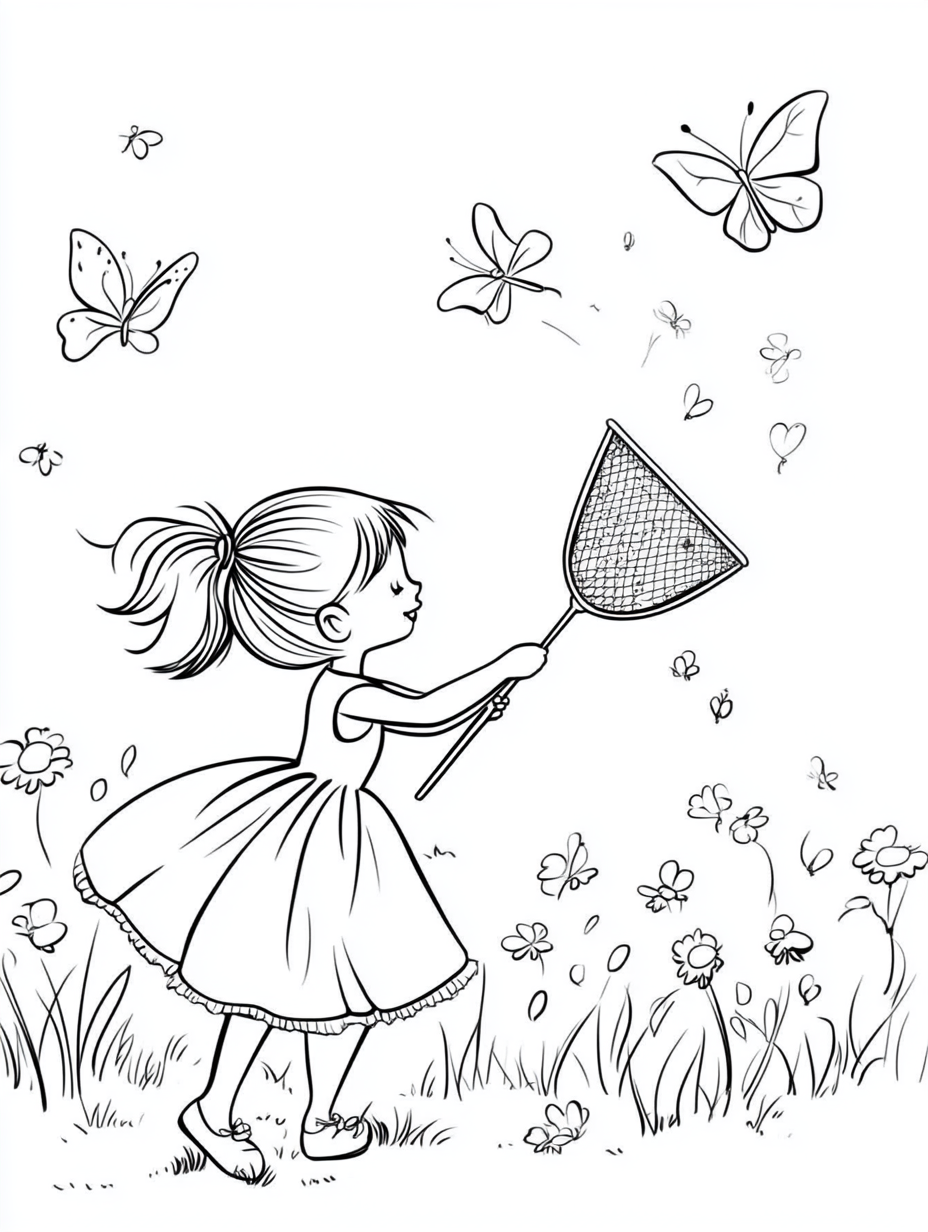 girl chasing butterflies coloring page