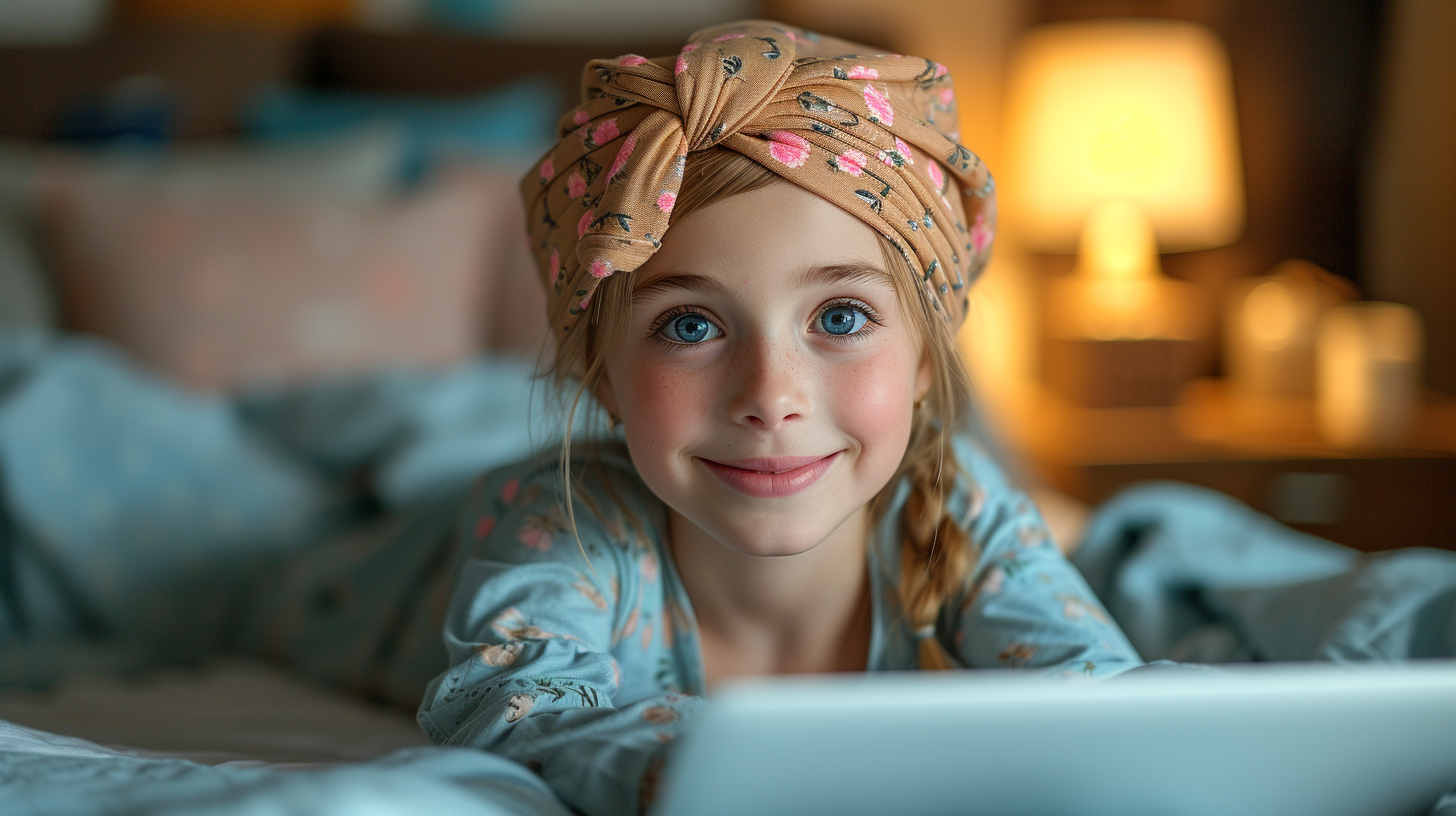 8-year-old girl with cancer using laptop and smiling in hospital bed