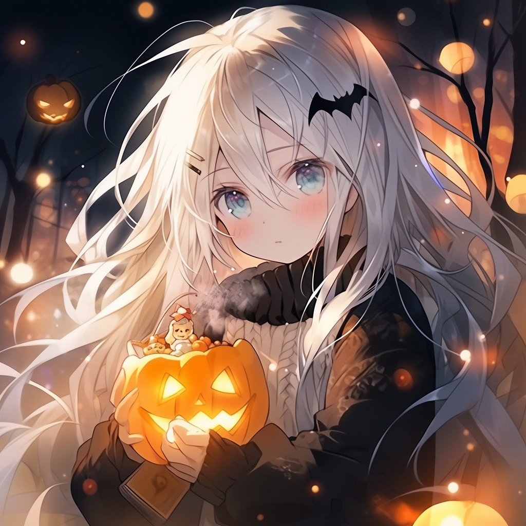 girl with white hair eating pudding from pumpkin bowl