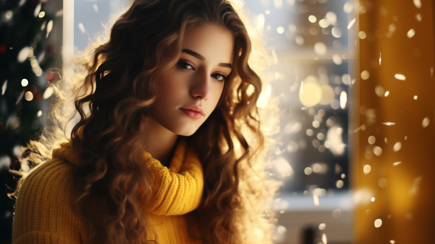 Girl in warm woolen sweater reading book