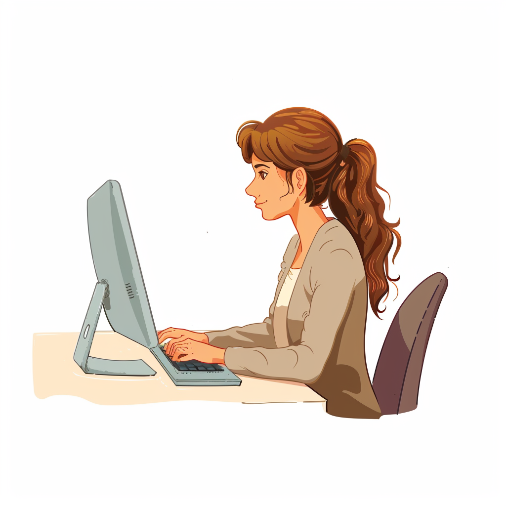 Girl Working at Computer Cartoon