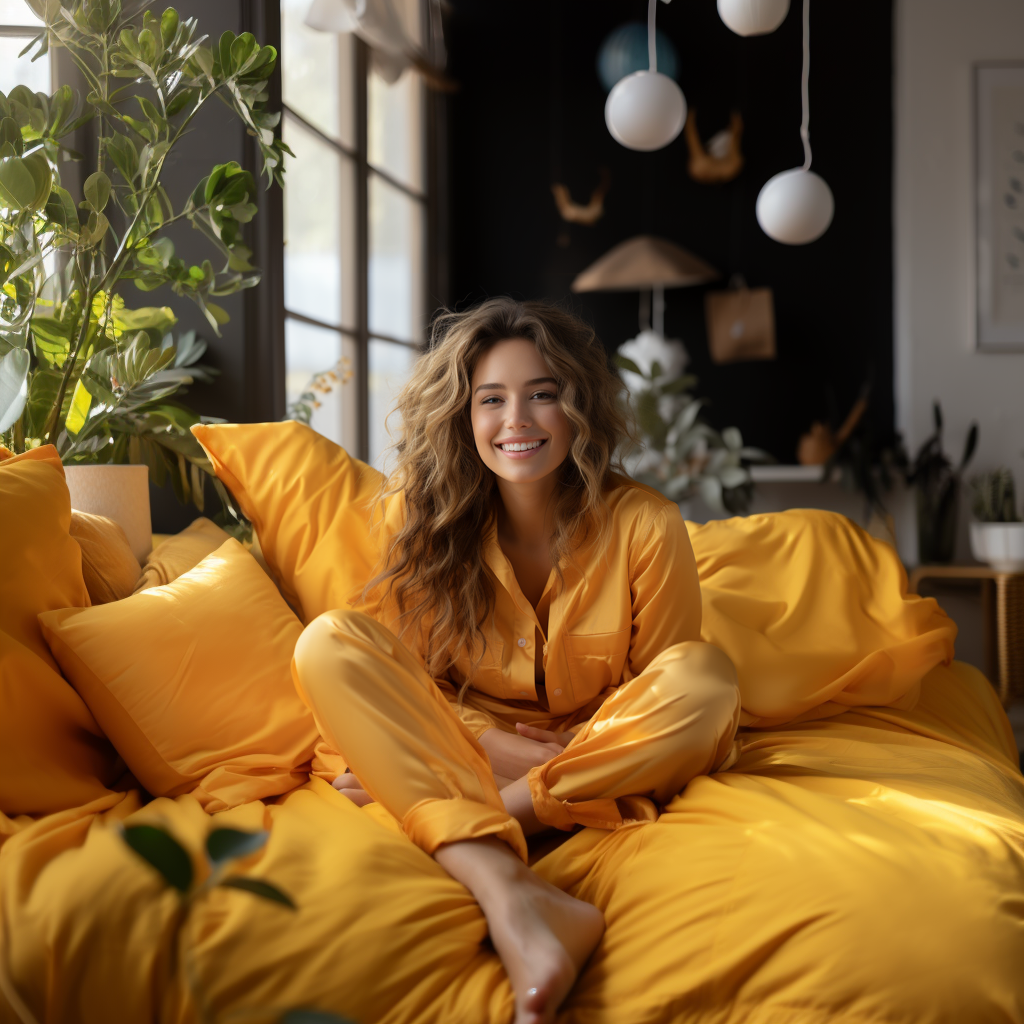 Girl in Yellow Pyjama Enjoying Cozy Bed