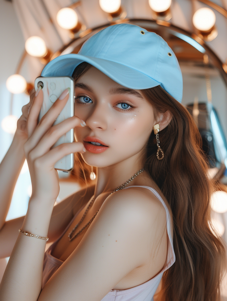 Girl with Blue Cap Taking Selfies in Mirror