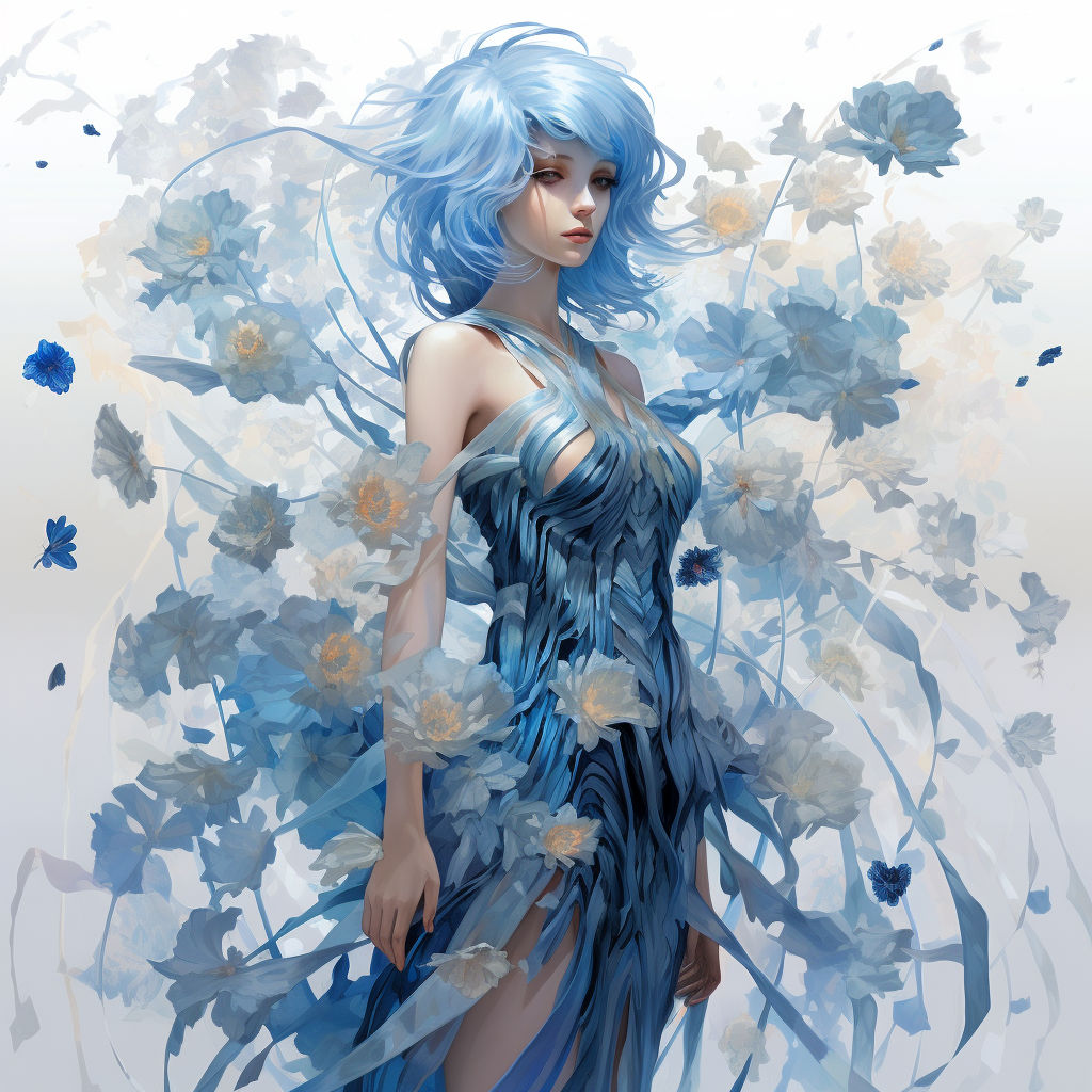 Translucent girl with blue hair and wind flowers