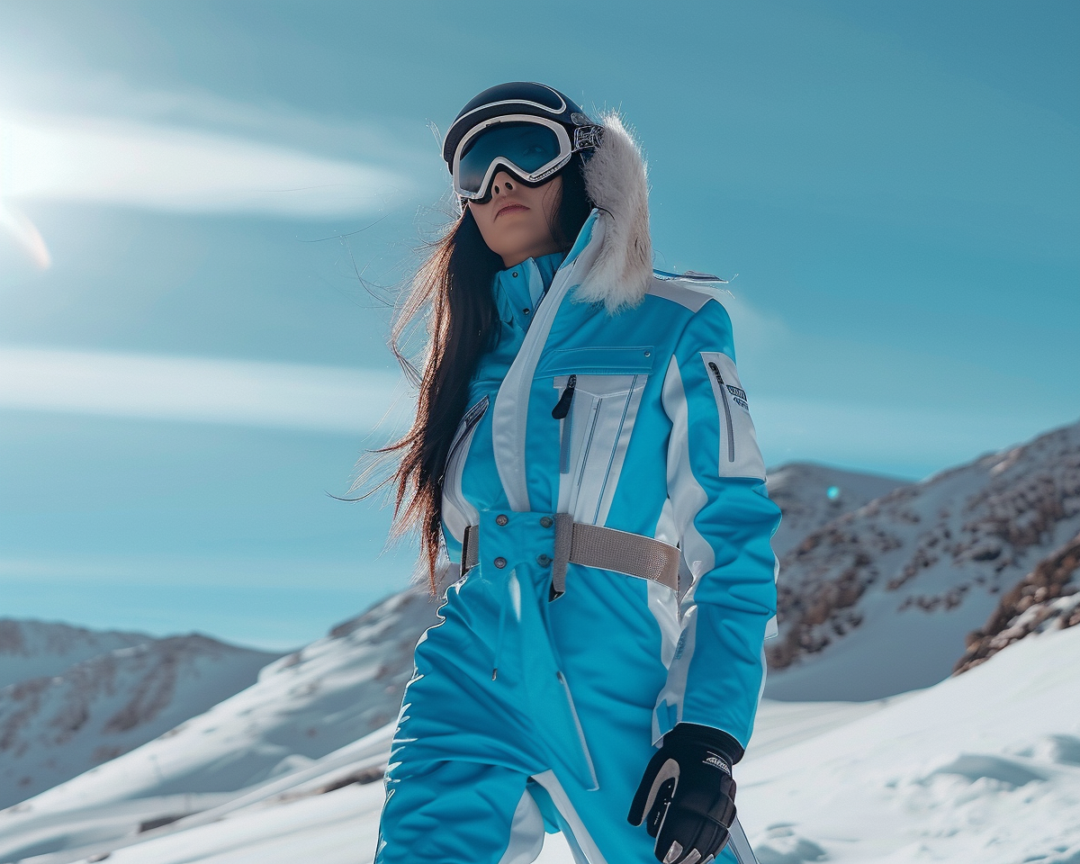 Girl in blue and white ski jumpsuit