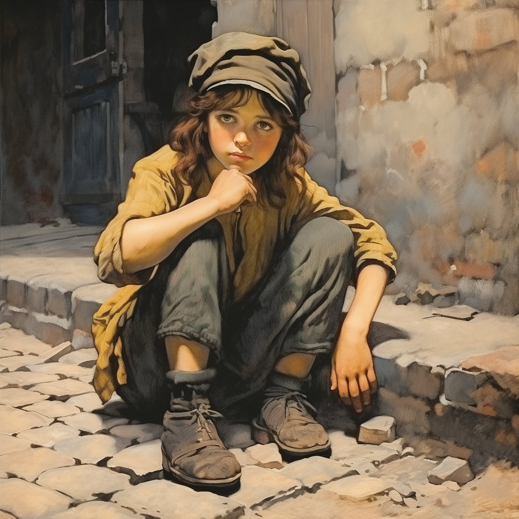 Young girl crouching on cobblestone street in 1903