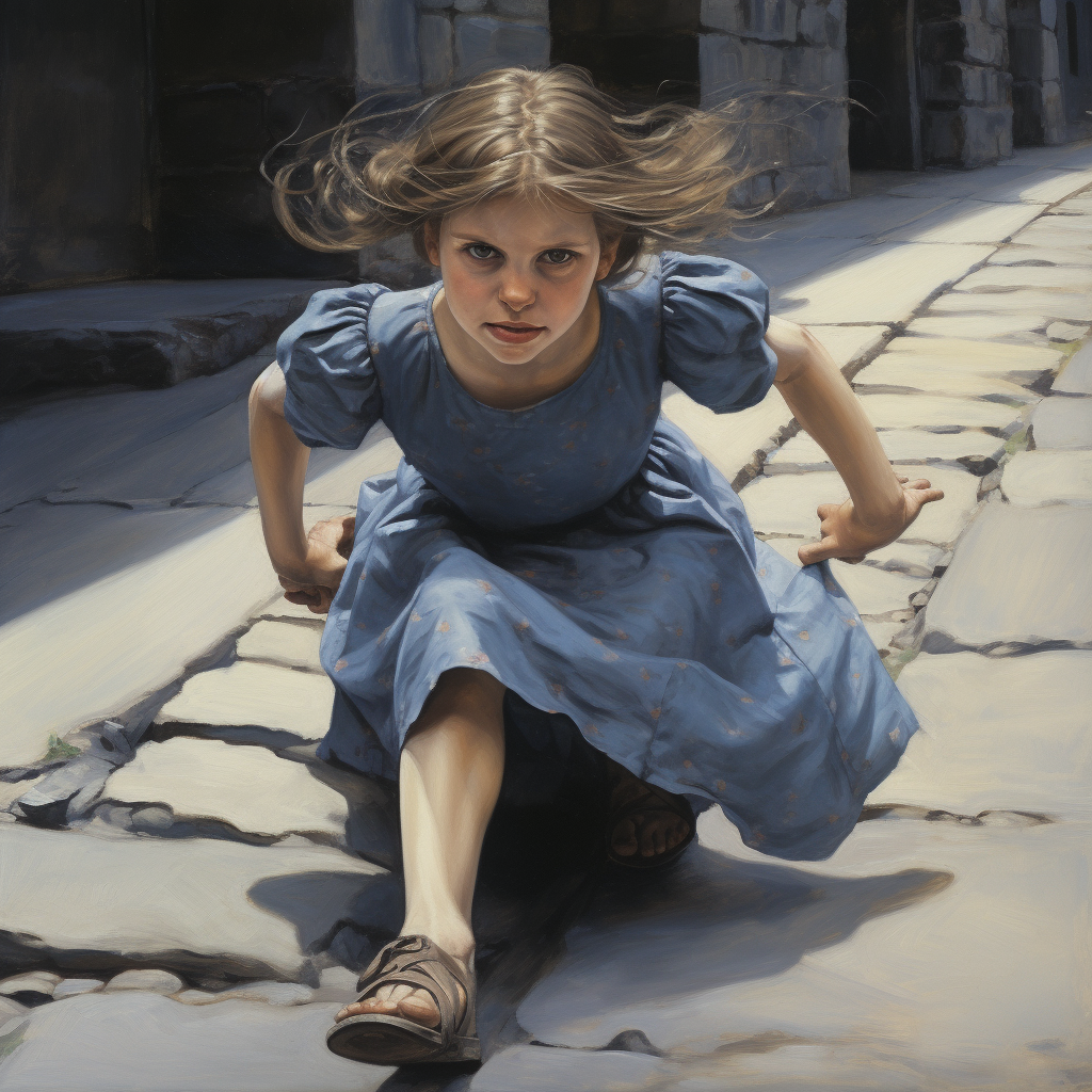 Young girl happily jumping over stones