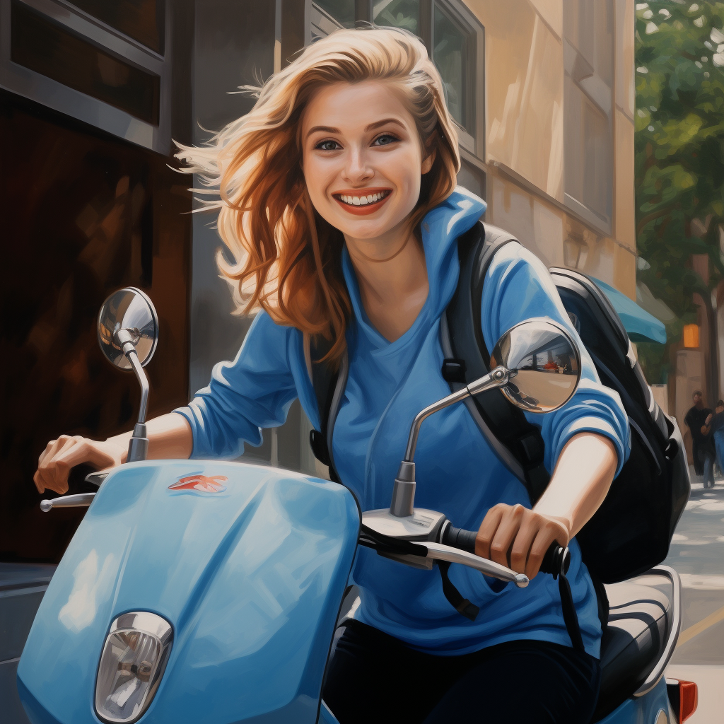 Girl delivering food on blue Vespa motorcycle