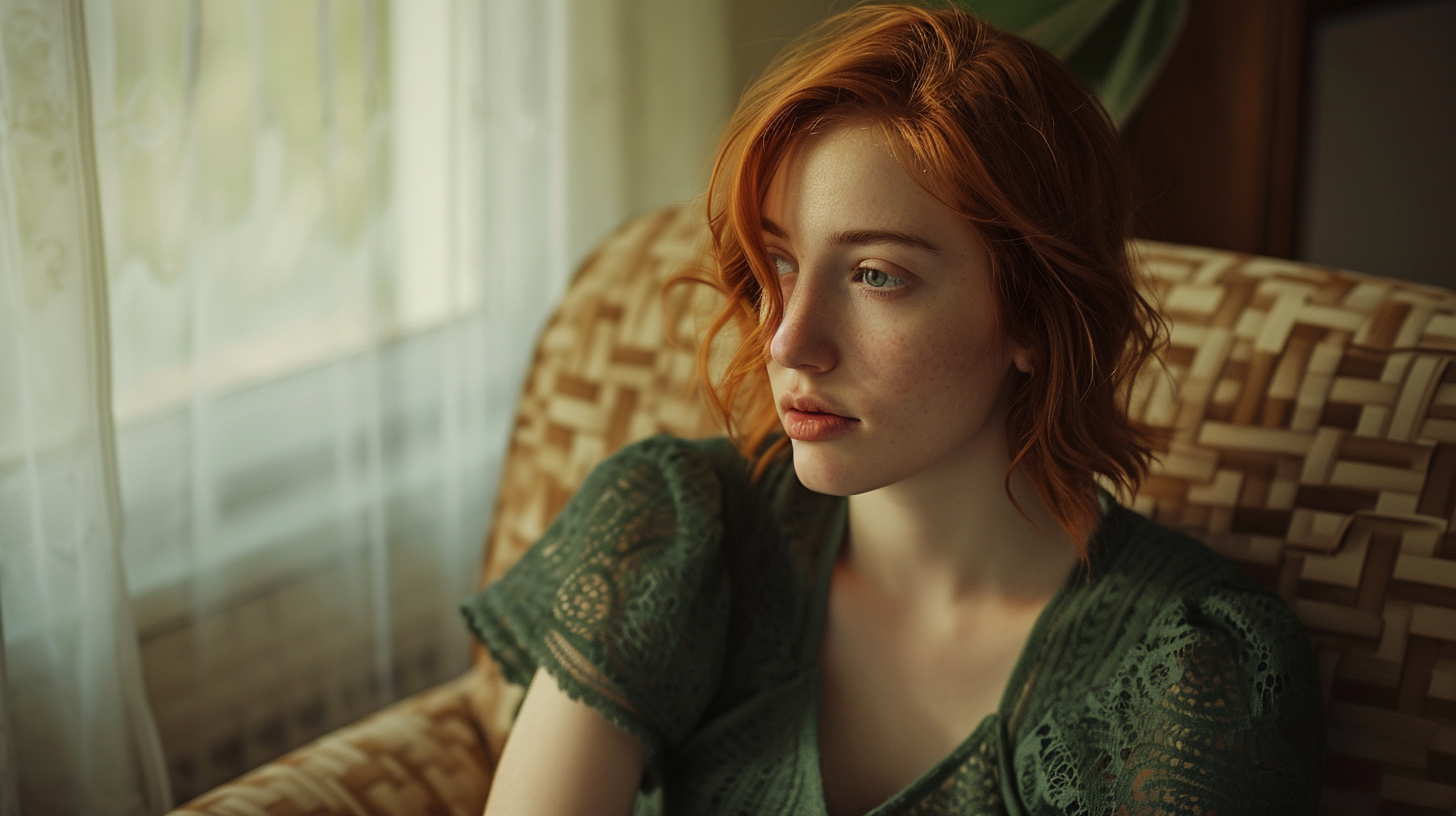 girl with ginger hair in green dress