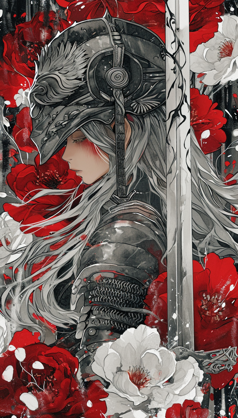 Girl in Gray Hair Armor with Sword