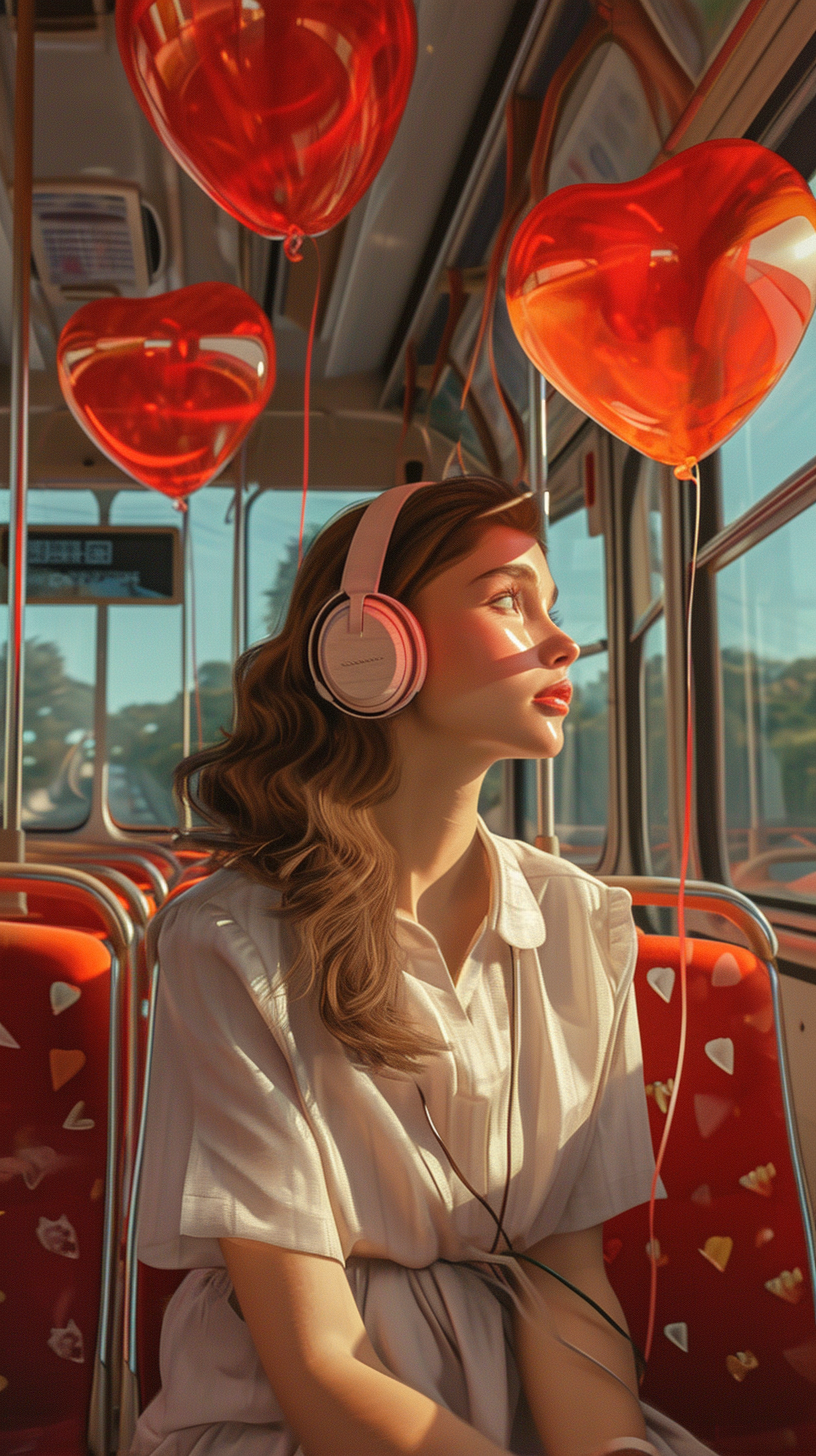 Girl with Headphones on Bus, Heart Balloons