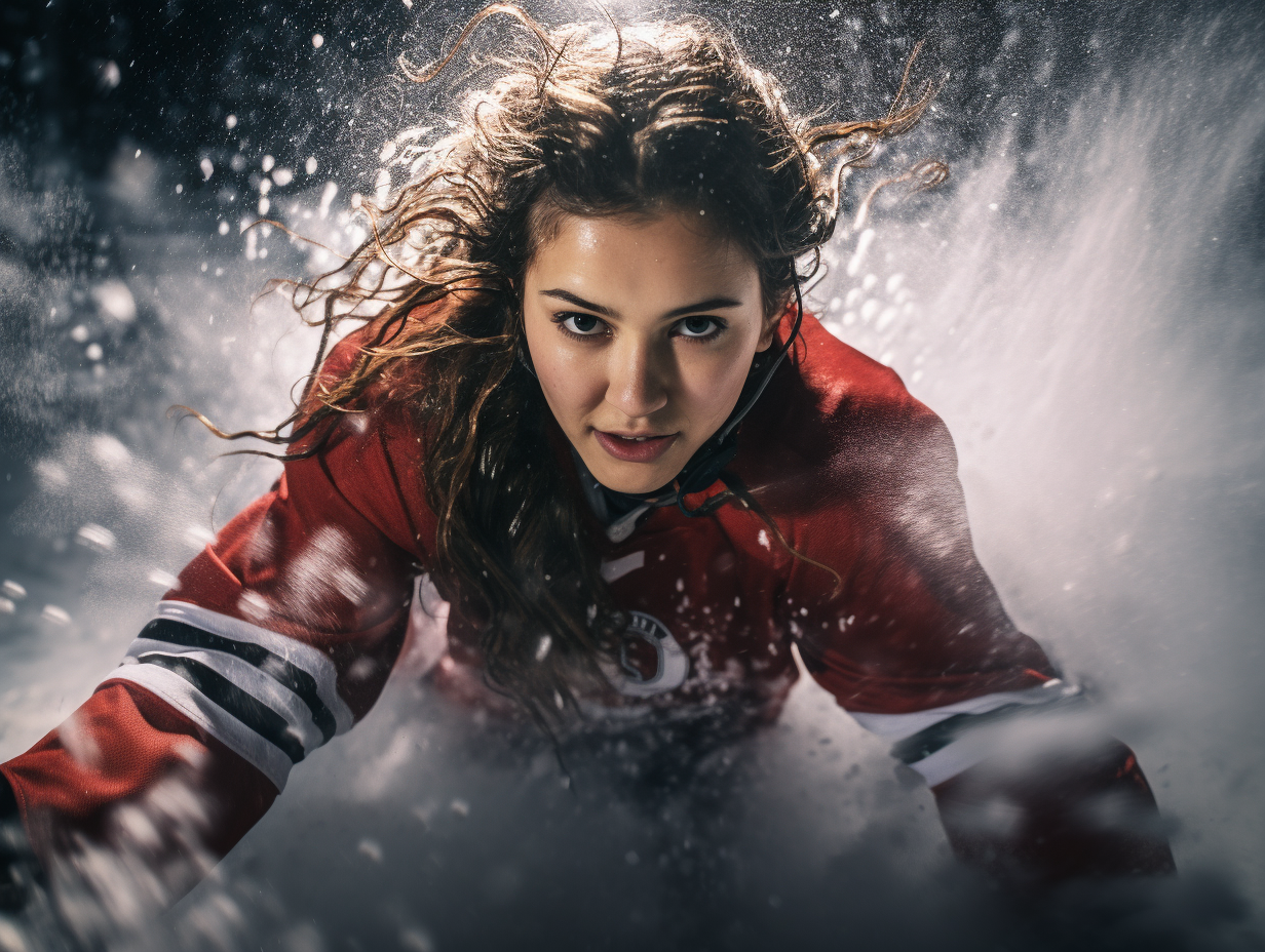 Girl hockey player stopping and spraying ice