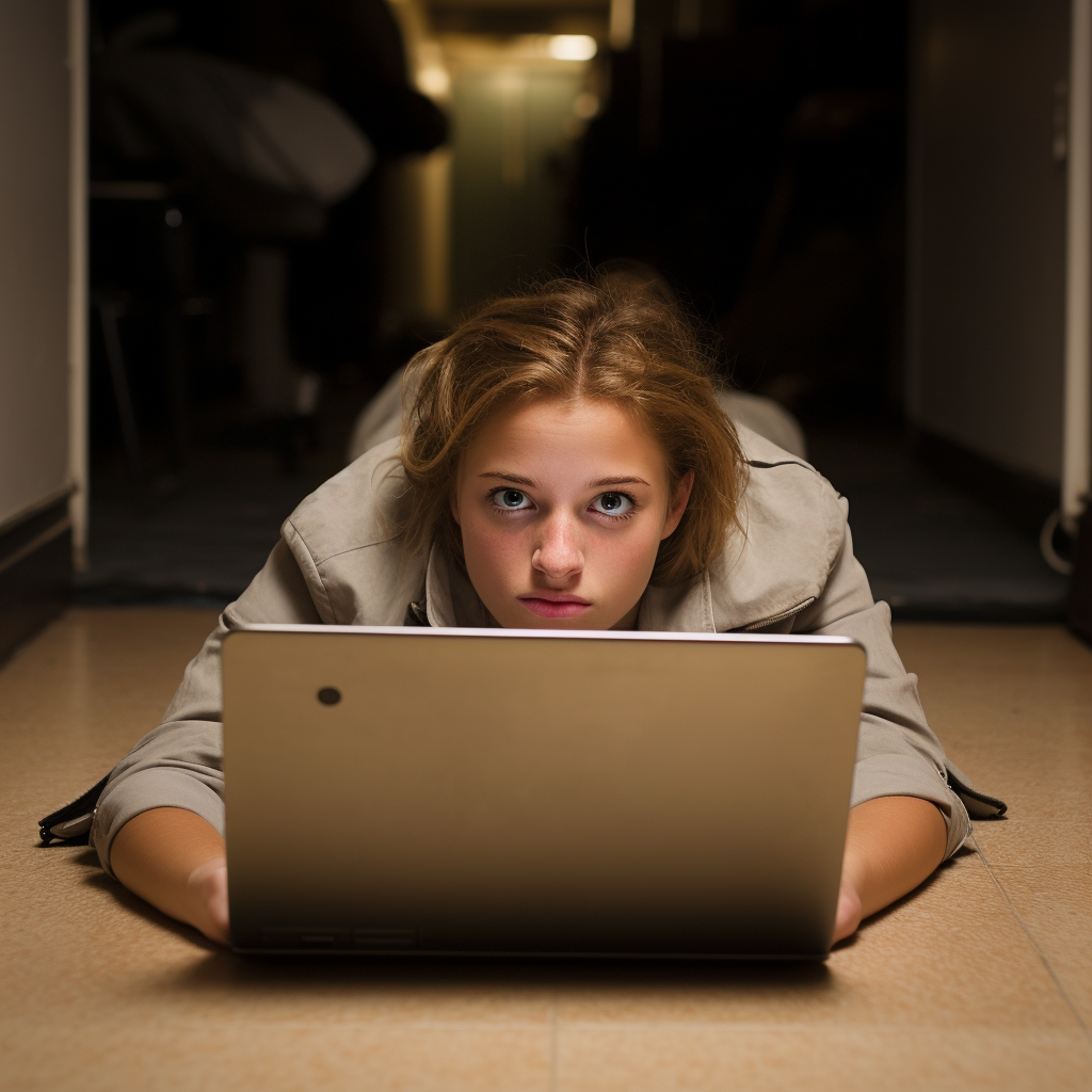 Middle school girl working on laptop