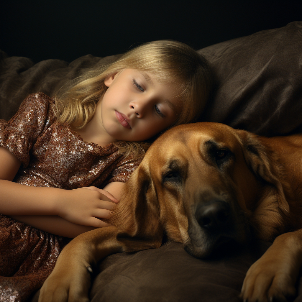 Sweet girl with bloodhound sleeping on couch