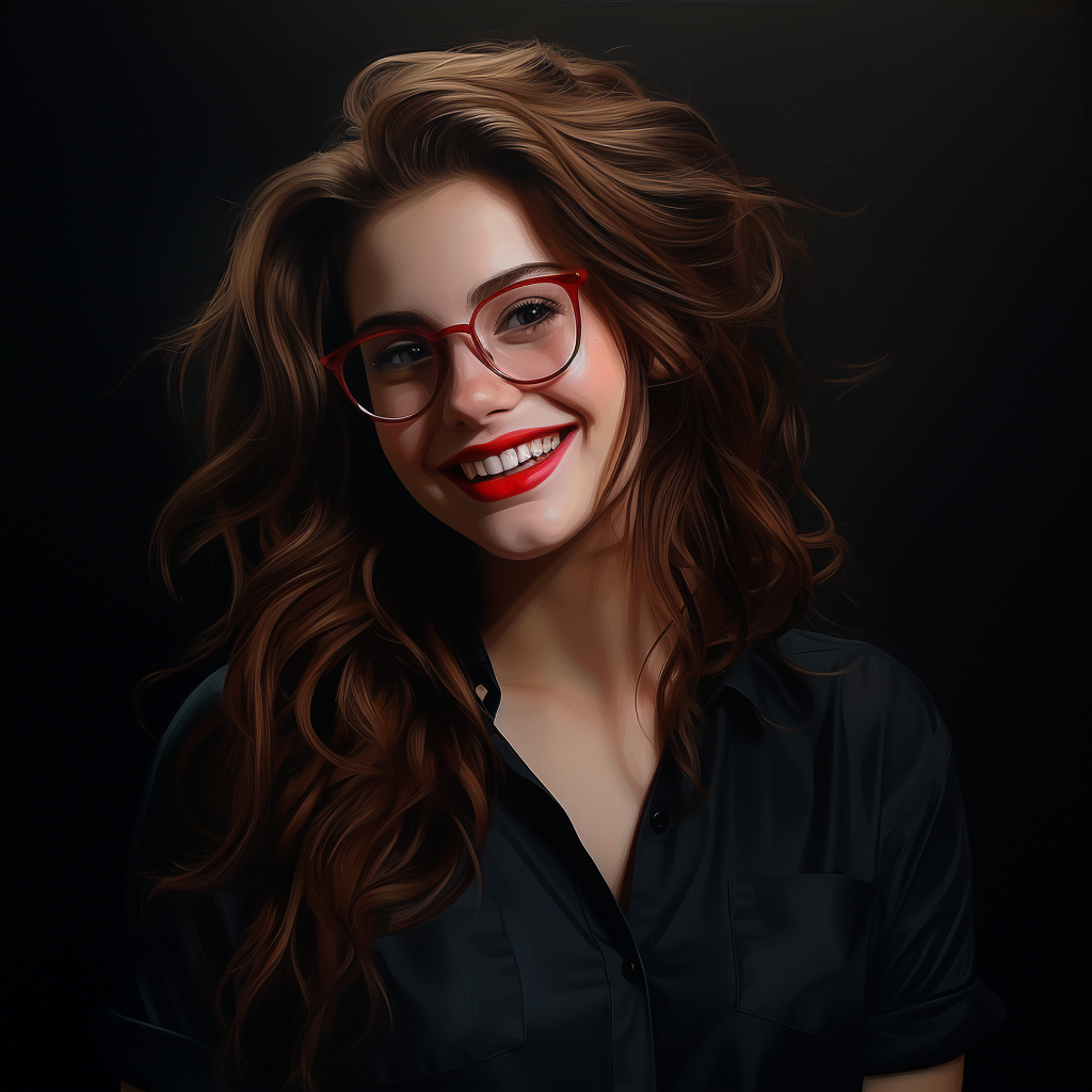 Girl with Medium Hair and Brown Hair, Red Lips, and Glasses