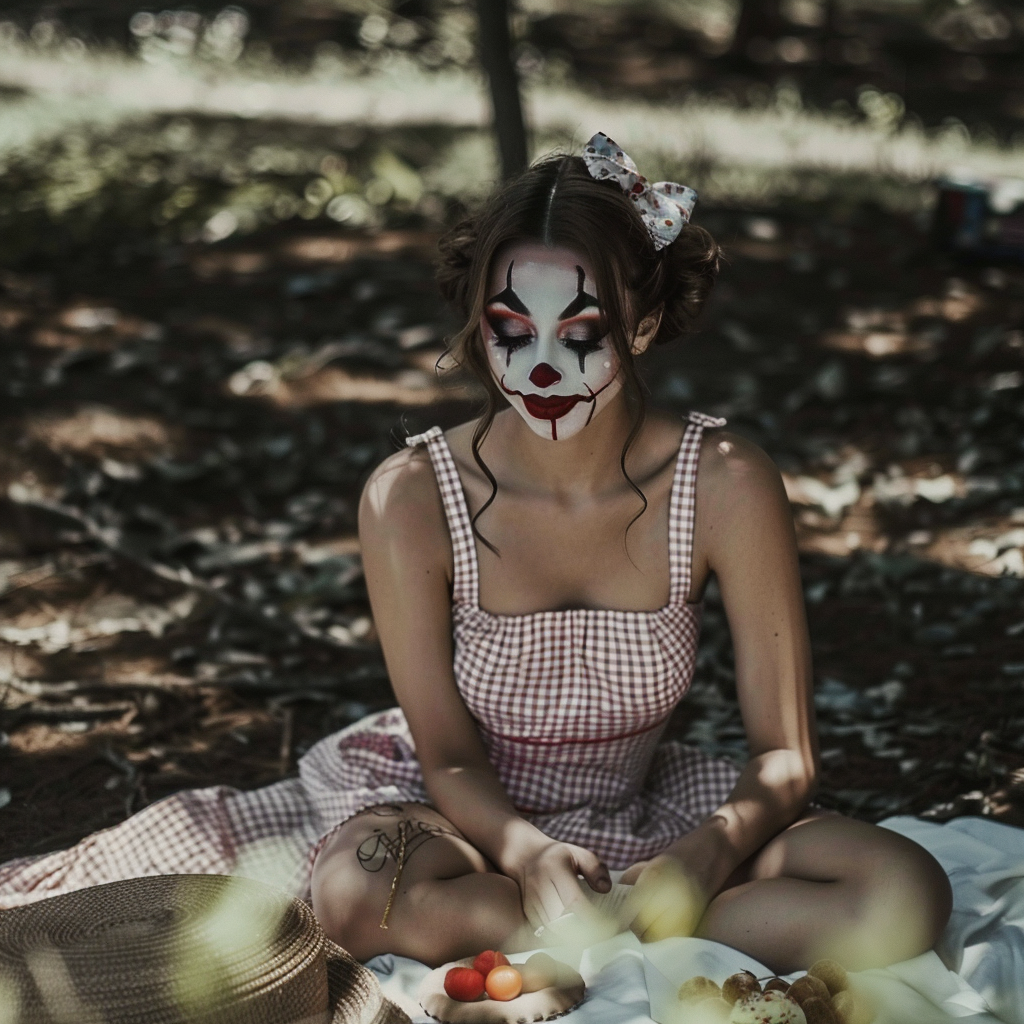 Girl in mini dress with clown makeup