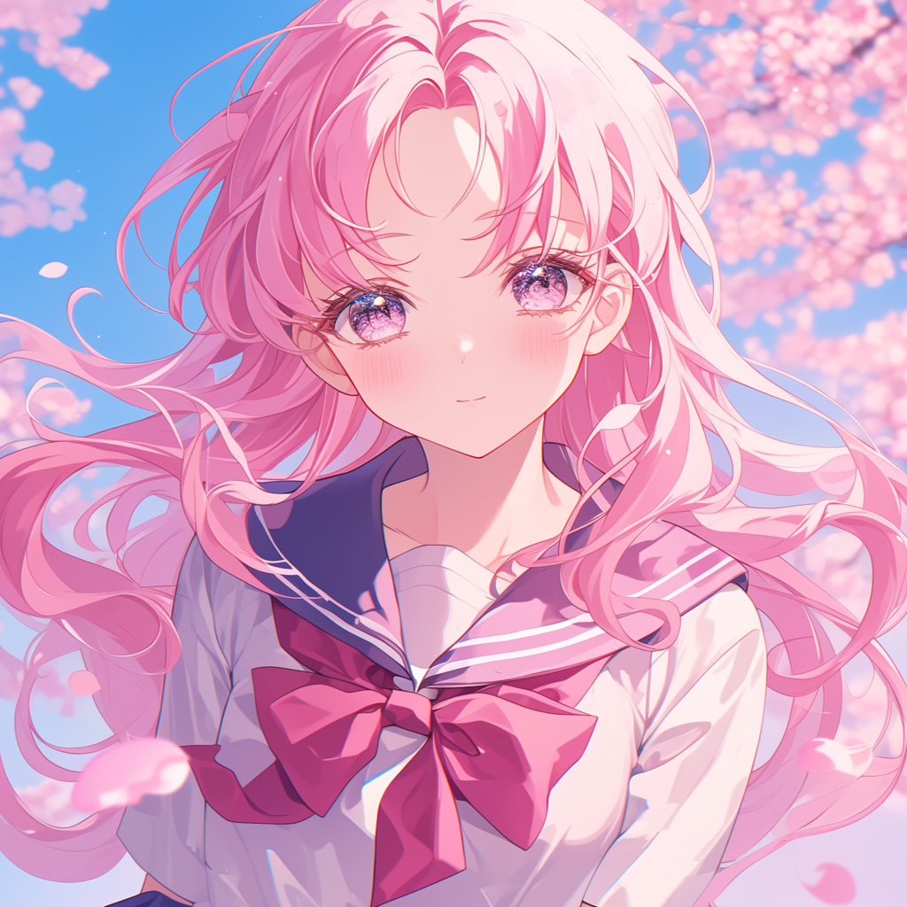 Girl with Pink Hair and Sailor Uniform, Cherry Blossoms