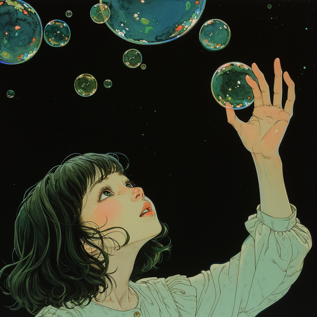 Girl grabbing bubble, fingertips reaching