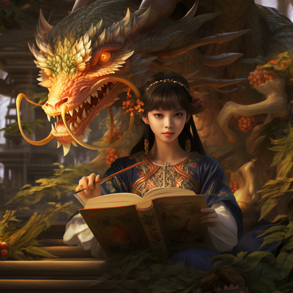 Girl reading book in forest with dragon