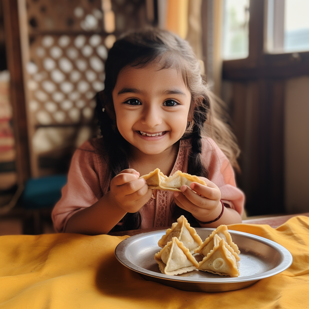 Girl enjoying samosa plate at home