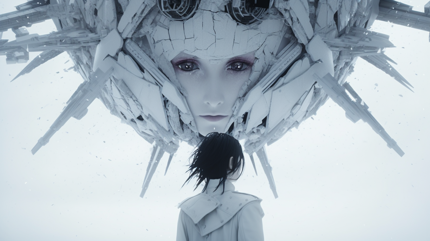 Girl in front of giant white spacecraft