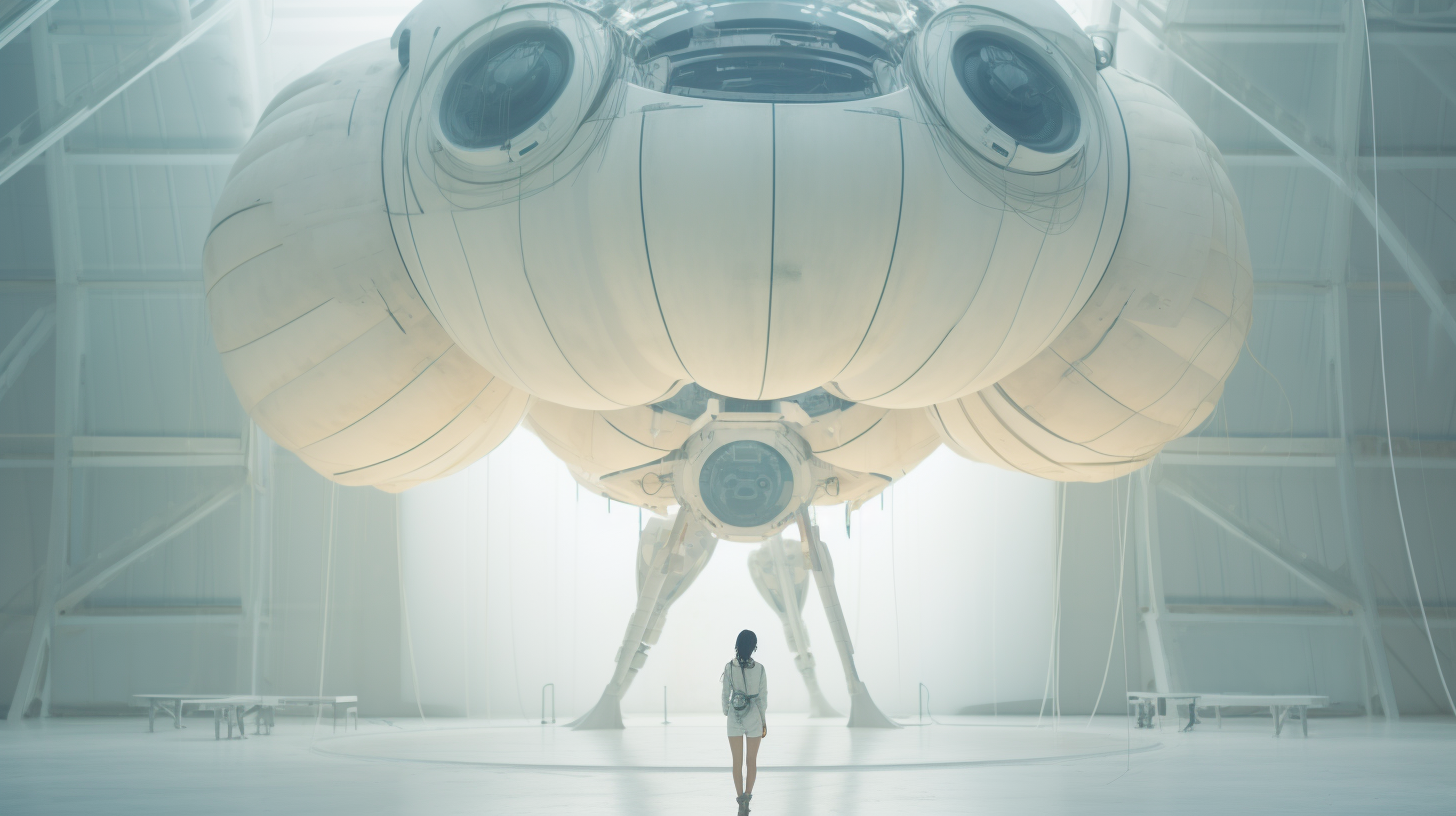 Girl in front of giant white spacecraft