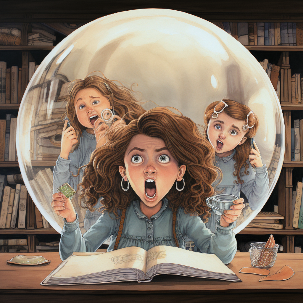 Girl surrounded by books, annoyed by sisters