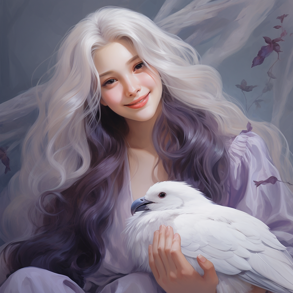 Girl with White Clothes and Purple Bird Smiling