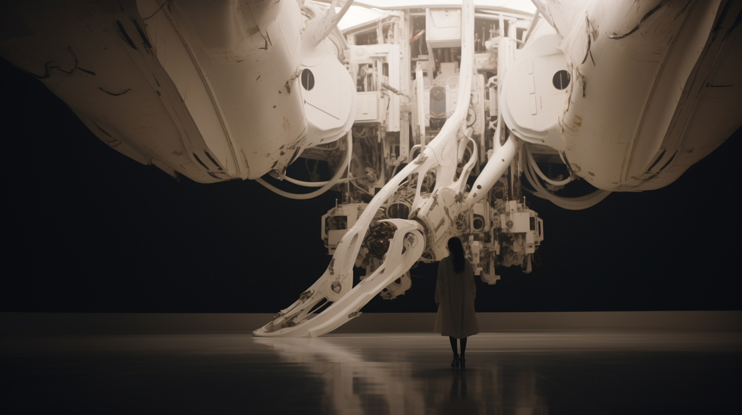 Girl in front of giant white spacecraft