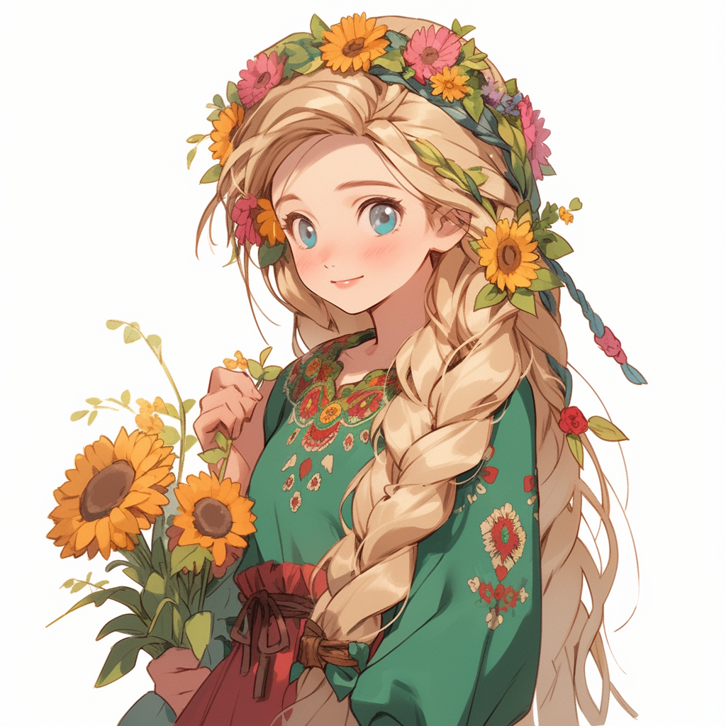 Girl with Flowers Hair Dress in Dragon Quest Style