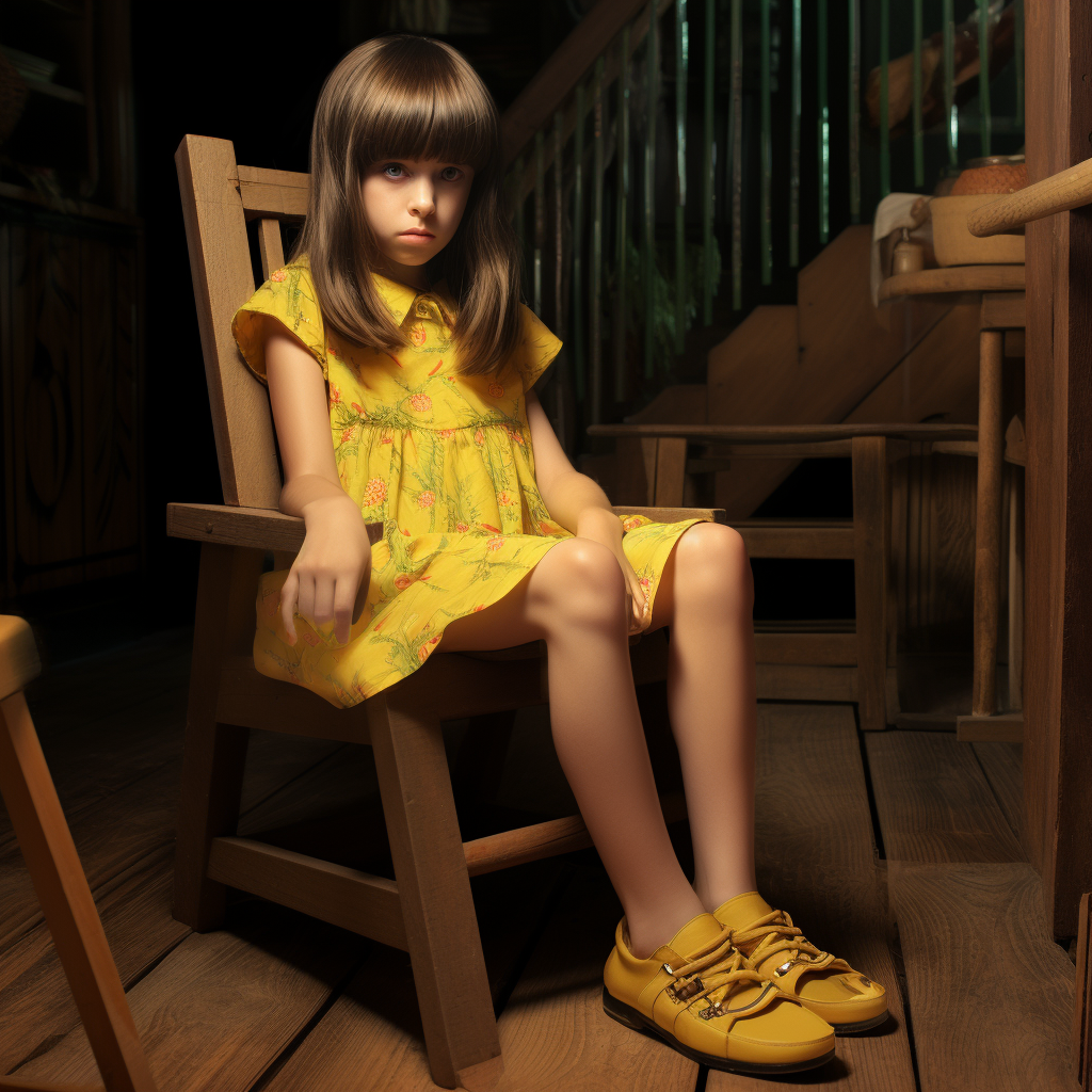 Smiling girl in yellow sundress sitting on an uncomfortable chair