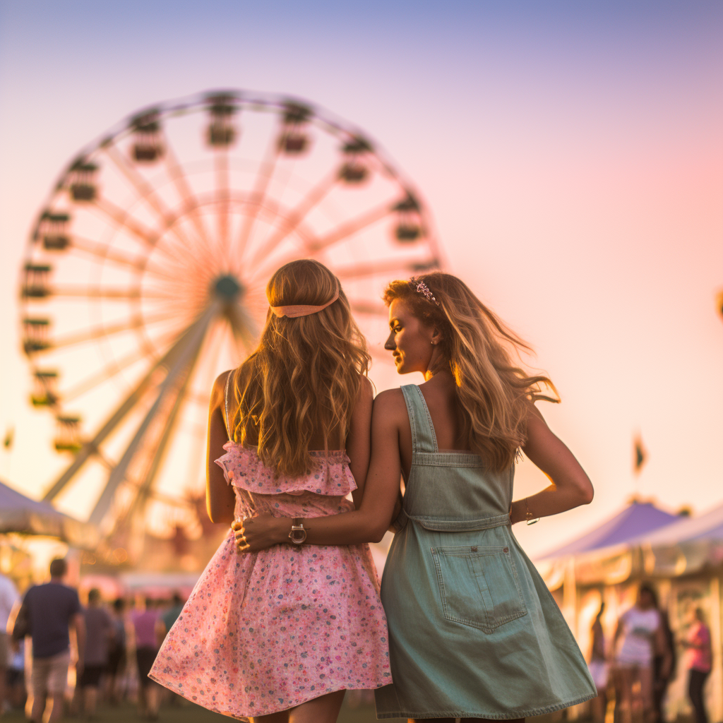 Happy girlfriends enjoying Coachella's music festival vibes